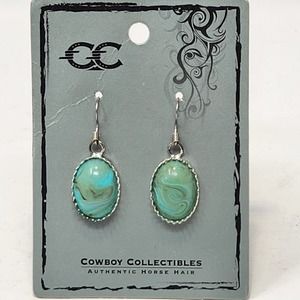 Cowboy Collectibles Horse Hair Aqua Silver Tone Oval Drop Earrings Akta Lakota